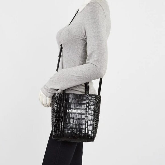 Balenciaga Black Crocodile Embossed Leather XXS Shopping Tote Bag - Picture 1 of 13